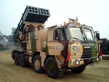 Pinaka multi-barrel rocket launch